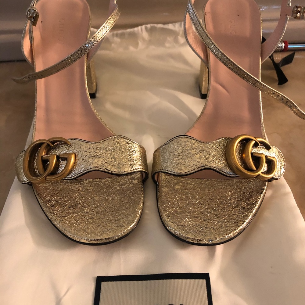 GUCCI gold leather sandal with 4 inch heel